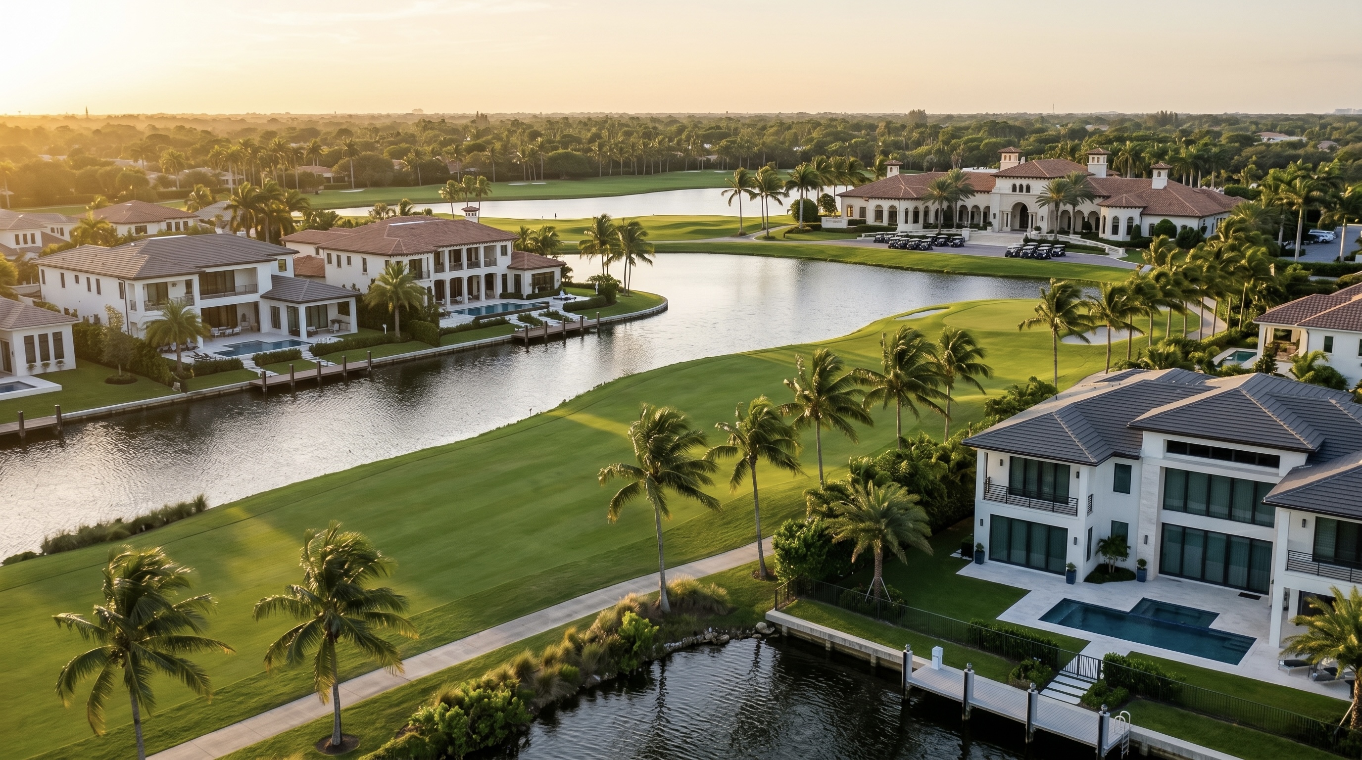 Aerial view of golf community with lake in Boca Raton