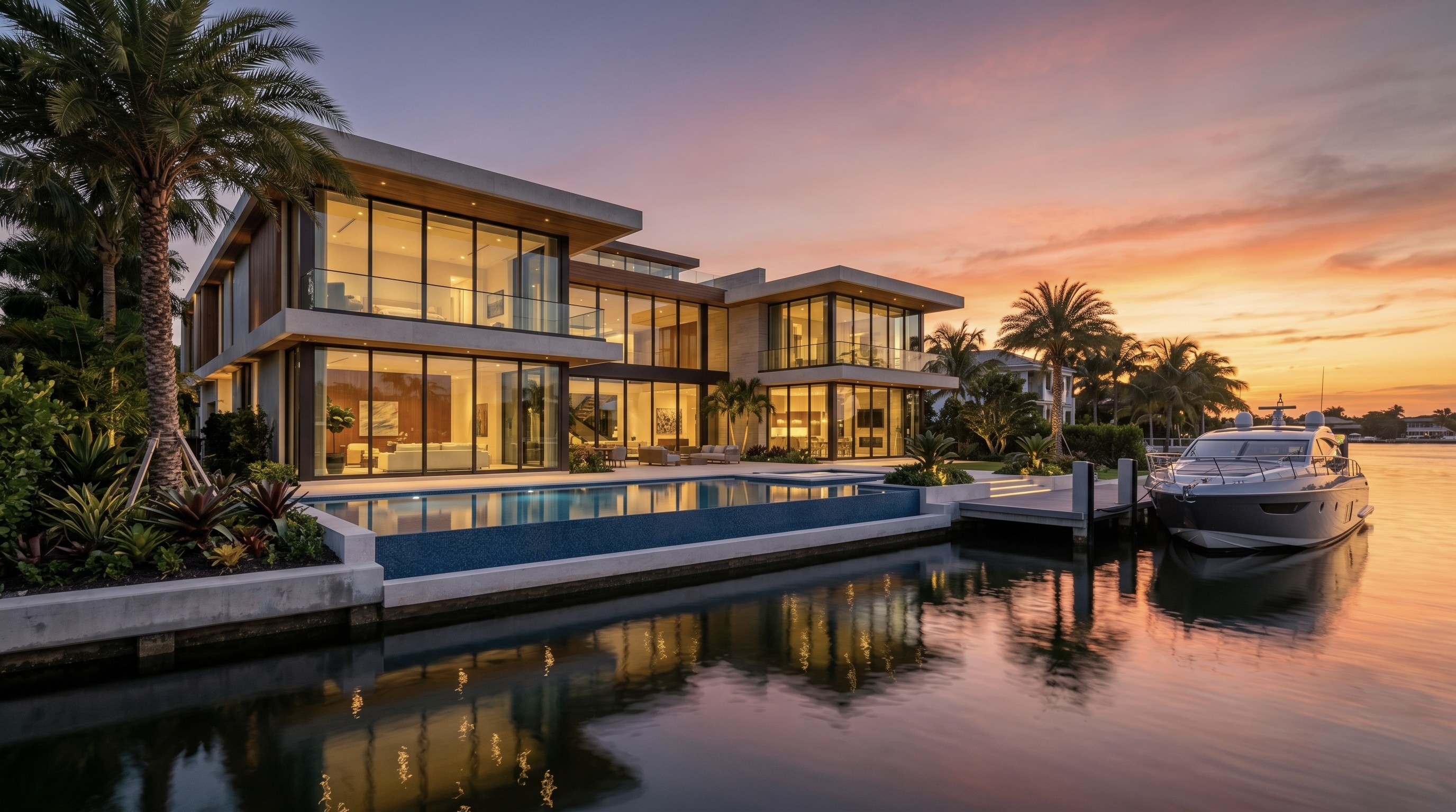 Luxury waterfront home with pool at sunset in South Florida
